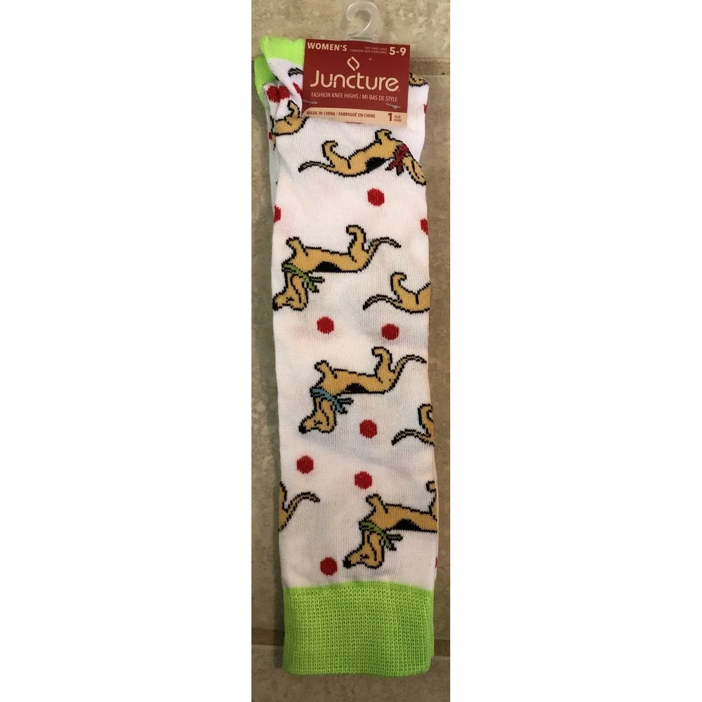 Juncture Women 5-9 Knee High Socks White Dachshund Dog Polka Dot Lime Green NEW